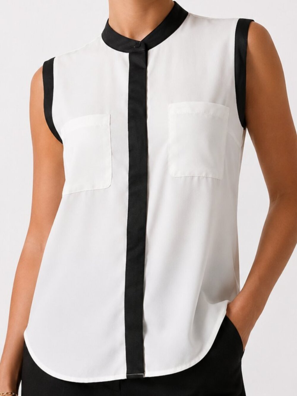 ROCK and Republic Sleeveless Blouse White Black Leather Trim XS